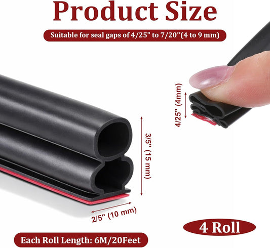 Door Weather Stripping, 80Ft Self-Adhesive Rubber Door Seal Strip Extra Thick D-Shape for Large Gap, Insulation Soundproofing Weatherproof Draft Stopper for Door Frame Window, Black 4 Rolls
