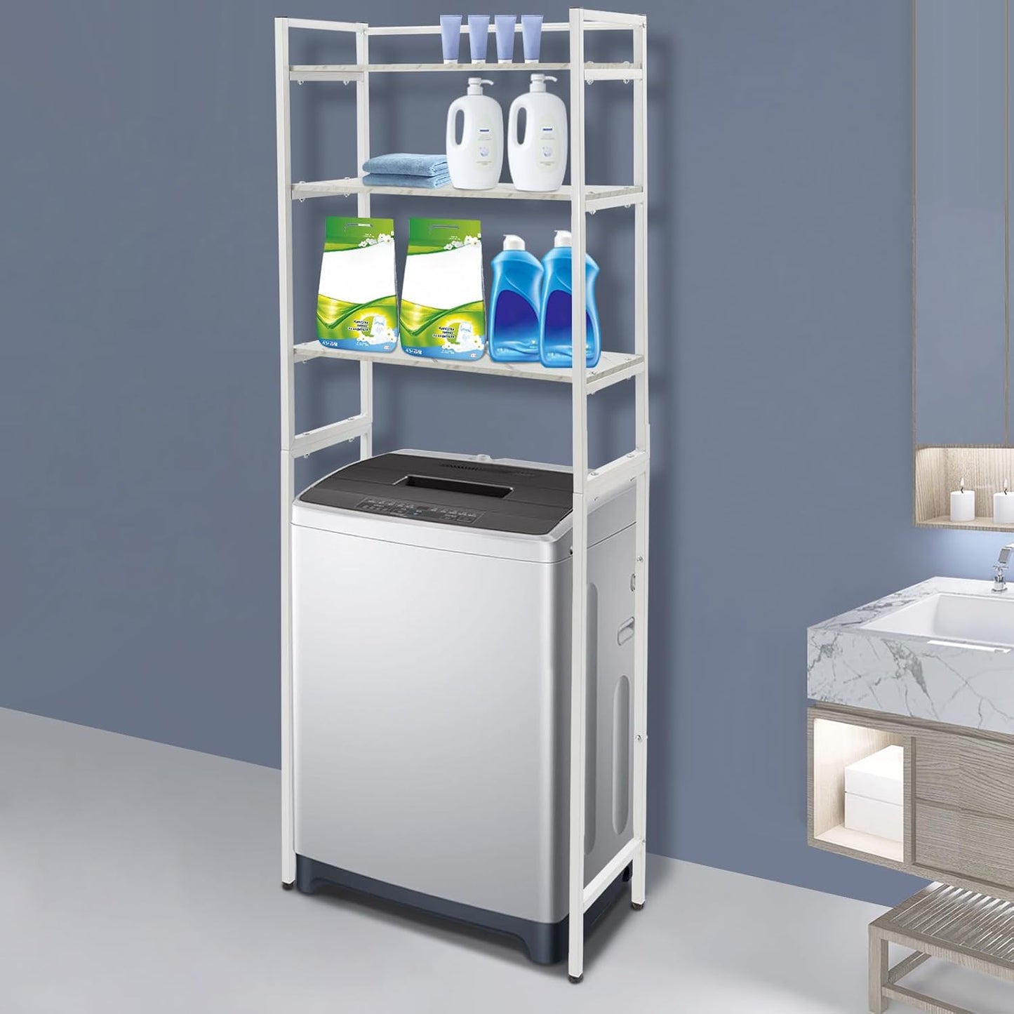 Bathroom Storage Shelf, Over the Washer and Dryer Storage Shelf, 3-tier Bathroom Rack for Washing Machine, Bathroom Storage and Organizer Rack for Hanging Towels and Drying Clothes (Black, Oak)