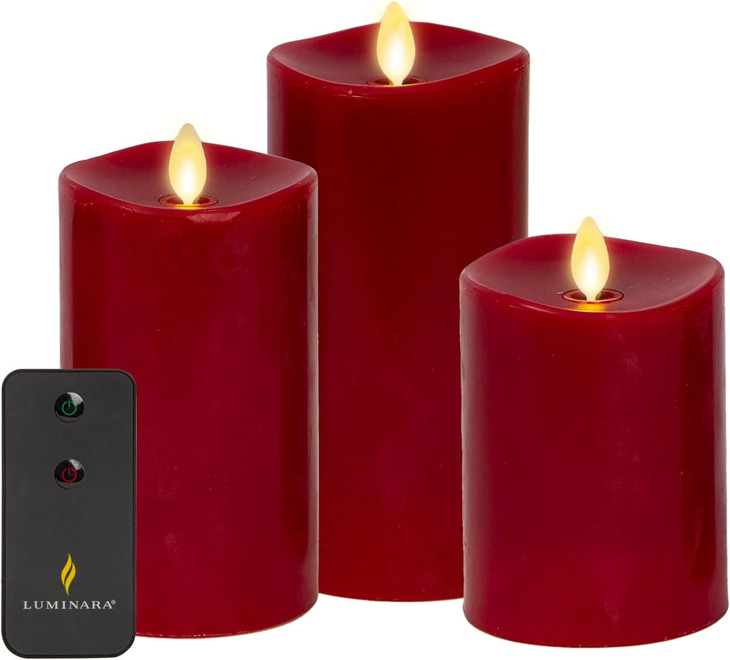 Luminara Realistic Flameless LED Set of 3 Ivory Pillar Candles, Home Safe Moving Flame Melted Top Illumination, Battery Operated Remote Control w/Timer