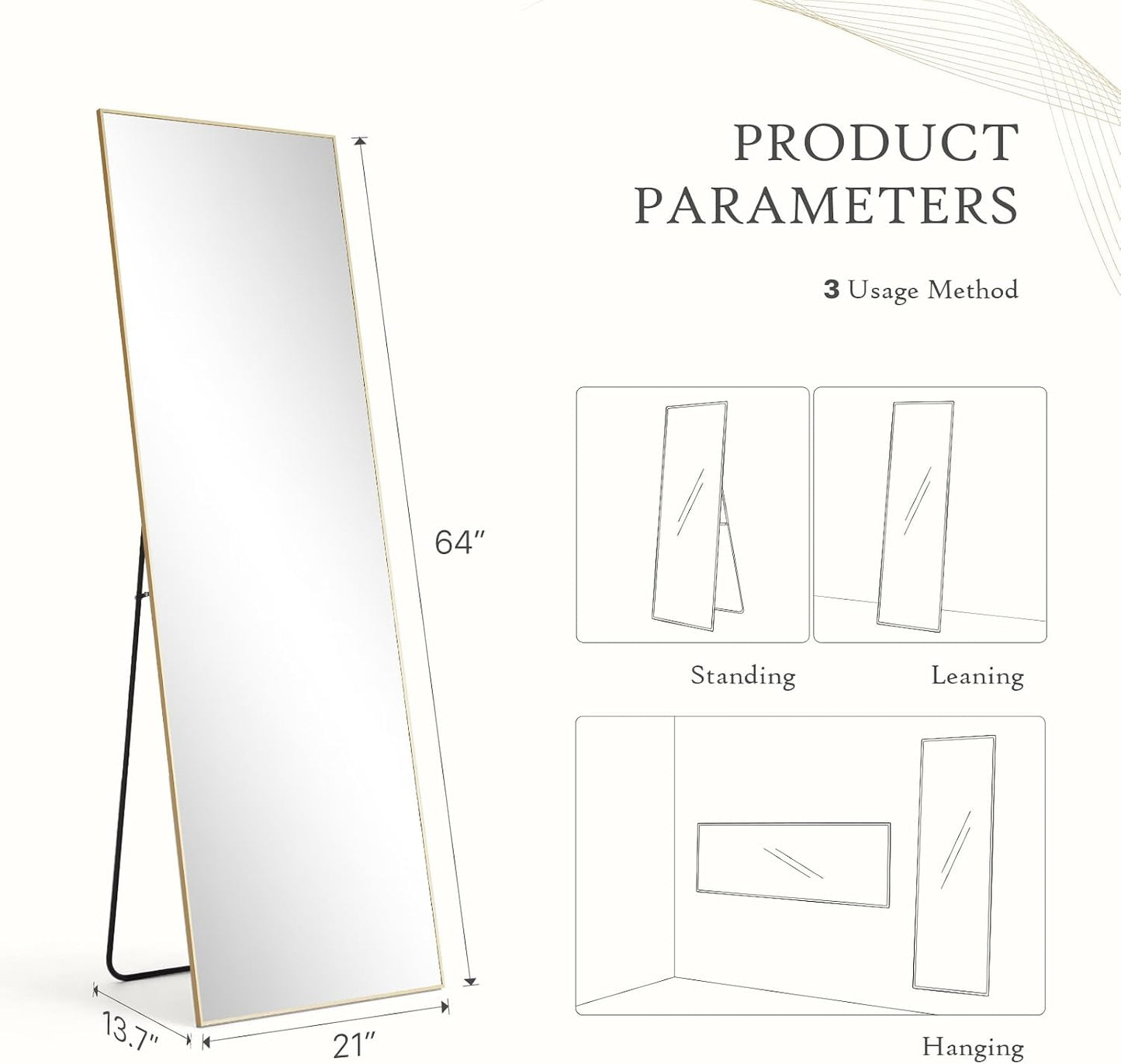 59"x16" Arched Full Length Mirror, Full Body Mirror with Leaning or Standing, Floor Standing Aluminum Frame for Bedroom, Livingroom, Cloakroom, Black