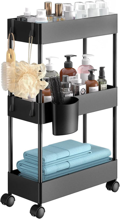Pipishell Slim Storage Cart with Wheels - Bathroom Cart Organizer Storage, 4 Tier Rolling Carts for Bathroom, Laundry Room, Kitchen, Narrow Space, Black PIUC05