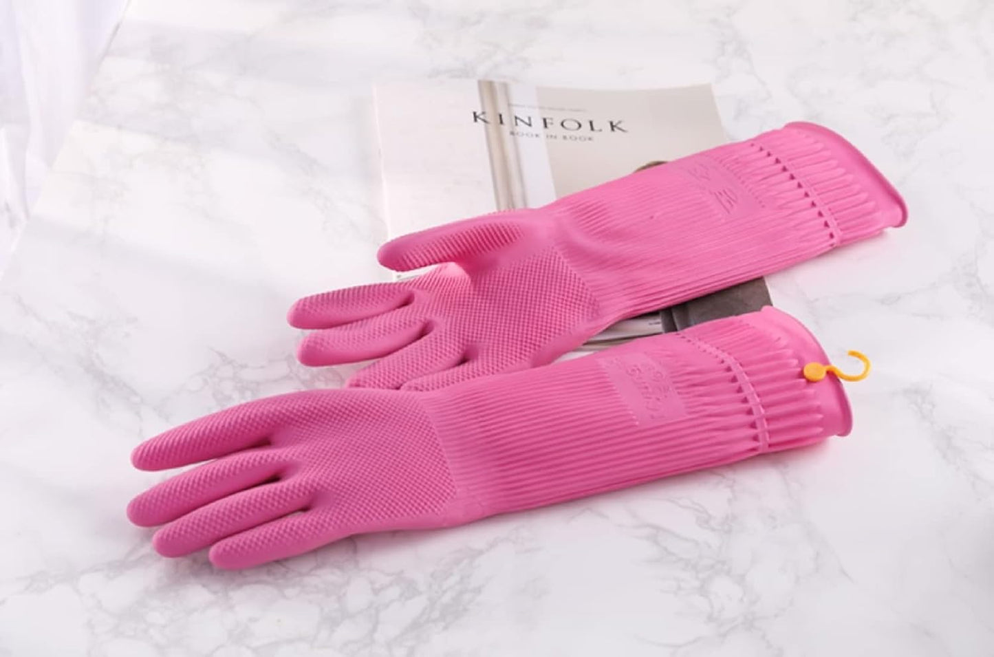 Myungjin Reusable Waterproof Household Dishwashing Non-Slip Cleaning Rubber Gloves with Hang-Dry Hook (1 Pair/Medium)