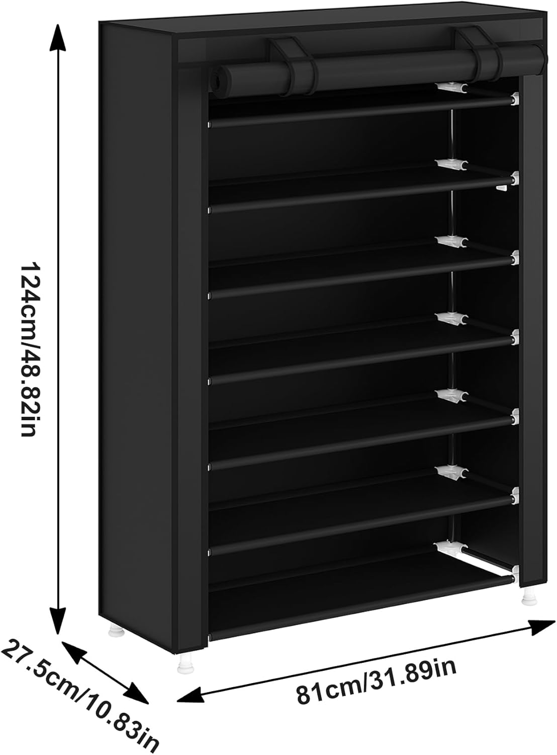 Laiensia 9-Tier Vertical Shoe Rack Organizer, Space Saving Shoe Storage Organizer, Non-Woven Cover Shoe Shelf Holds 36-45 Pairs for Bedroom, Hallway, Closet Entryway, Black