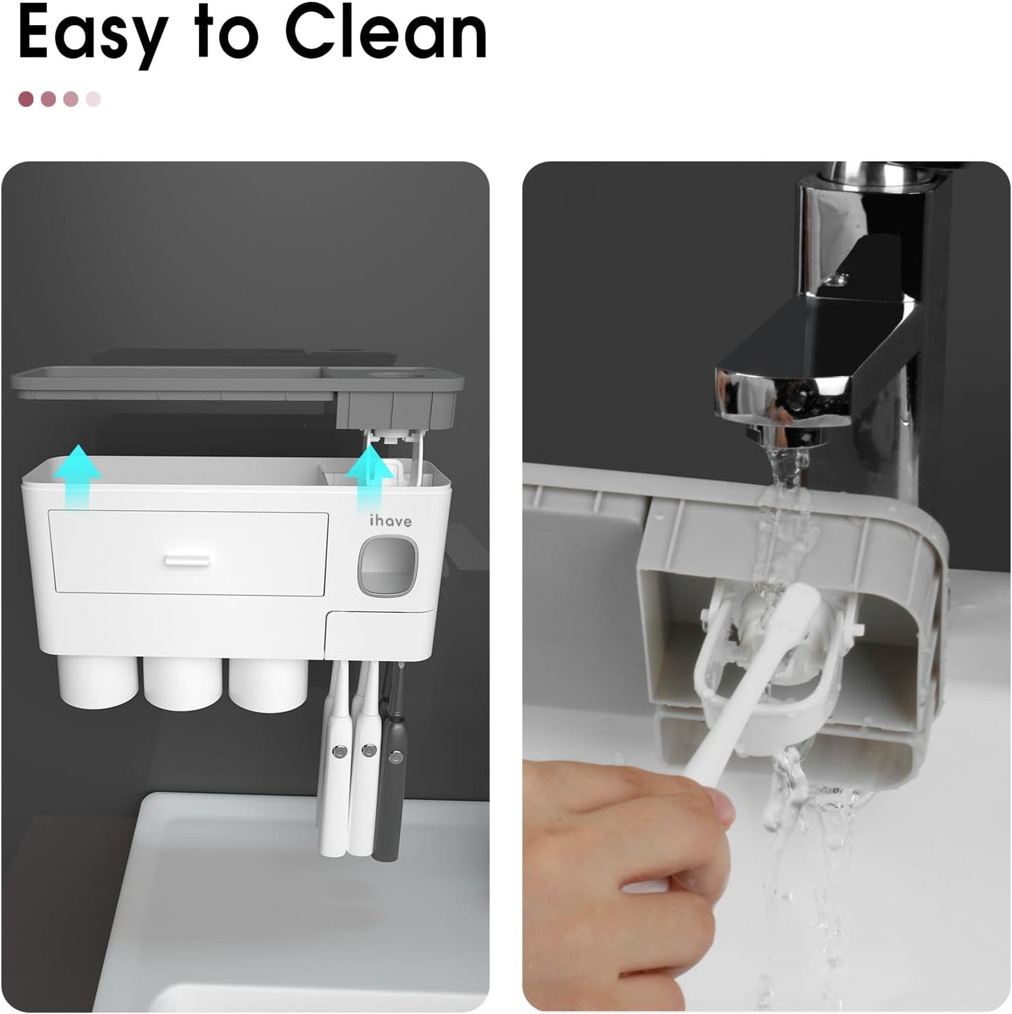 iHave Toothbrush Holders for Bathrooms, 2 Cups Toothbrush Holder Wall Mounted with Toothpaste Dispenser - Large Capacity Tray, Cosmetic Drawer - Tooth Brushing Holder & Bathroom Accessories
