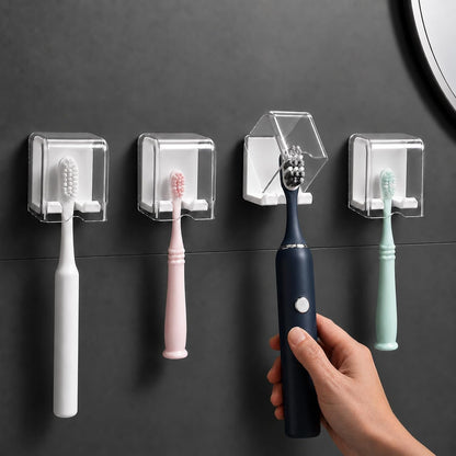 Toothbrush Holders for Bathroom Wall Mounted, 4 Pack Flip Cover Toothbrush Holder with Drainage, Self Adhesive Toothbrush Organizer for Electric Toothbrush, Manual Toothbrush, Shower, Mirror, Tile (4)