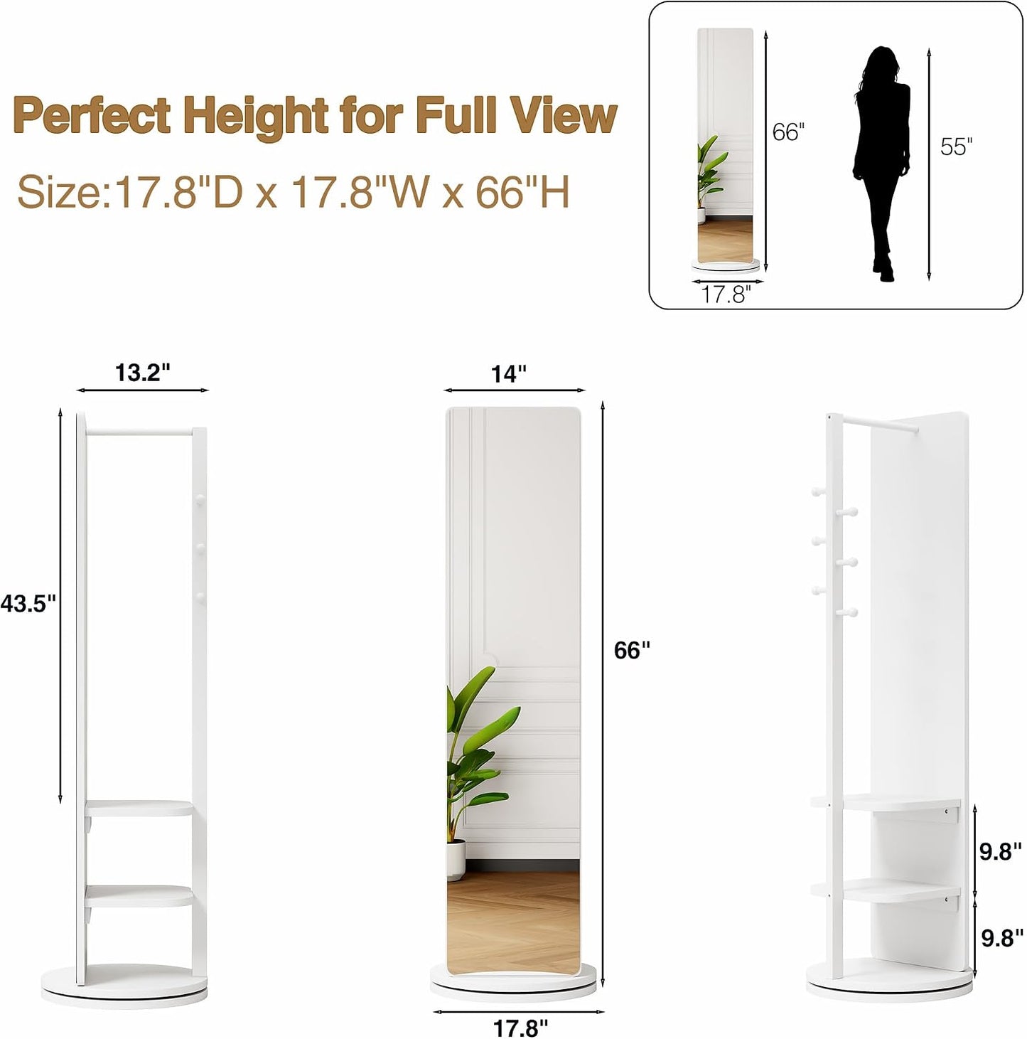 Full Length Mirror with Coat Rack & Storage, 360° Rotating Solid Wood Standing Floor Mirror with Shelves for Bedroom, Entryway, Dressing Room (Natural Wood, 66" x 18")