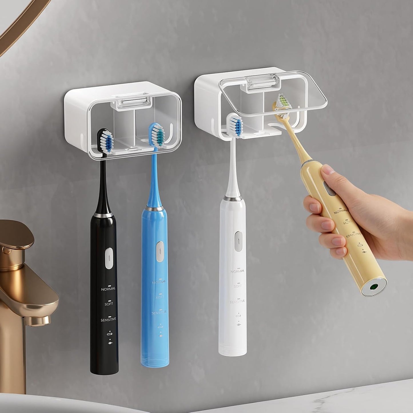 MOPMS Toothbrush Holders for Bathrooms【2 Slot Independent Compartment Design】 2PCS Electric Toothbrush Holder Wall Mounted for Shower, Toothbrush Dispenser Storage Organizer with Cover for Family