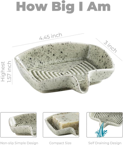 Self Draining Soap Dish, Ceramic Drain Soap Holder Waterfall Design Soap Saver for Shower, Bathroom, Sink, Kitchen and Countertop, Keeps Dry, Green