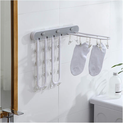 Laundry Rack, Multifunction Wall-Mounted Airer, Home Drying Rack Socks with Multiple Clips Fold Balcony Bathroom Inner Clothes Hanger Artifact