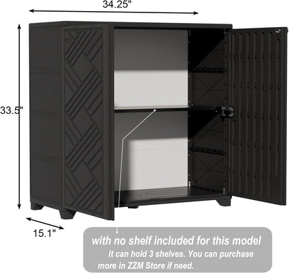 ZZM Indoor/Outdoor Storage Cabinet Waterproof, 34"x15"x34" Plastic Outdoor Storage Box for Garden Balcony Bathroom, All Weather Outdoor Storage Clearance, DIY Usage, with 2 Shelf (Black)