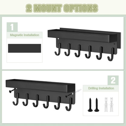 VIS'V Key Holder Wall Mount, Magnetic Key Rack with Tray, 6 Hooks, Black | 2 Mount Options, Metal Material, Compact Discreet Design, for Fridge, Kitchen, Entryway, Hallway, Doorway, Garage, Camper