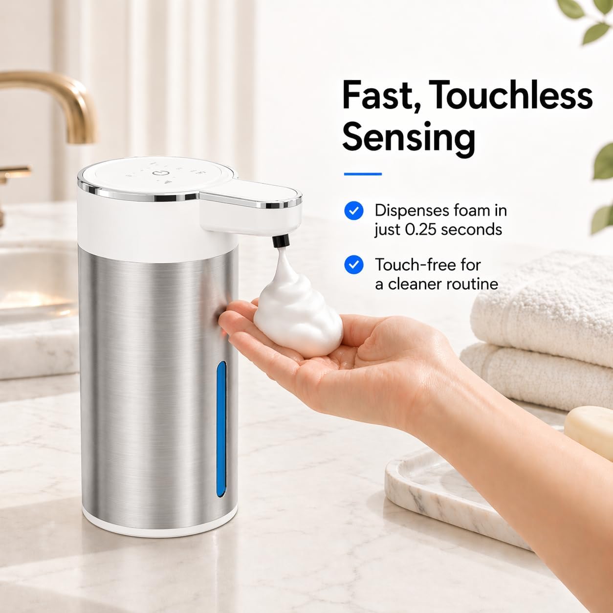 Automatic Foaming Soap Dispenser Touchless, 304 Stainless Steel Hand Soap Dispenser, USB Rechargeable, 4 Adjustable Levels, 13.5 oz (400 ml), for Kitchen & Bathroom (Black, Foam)