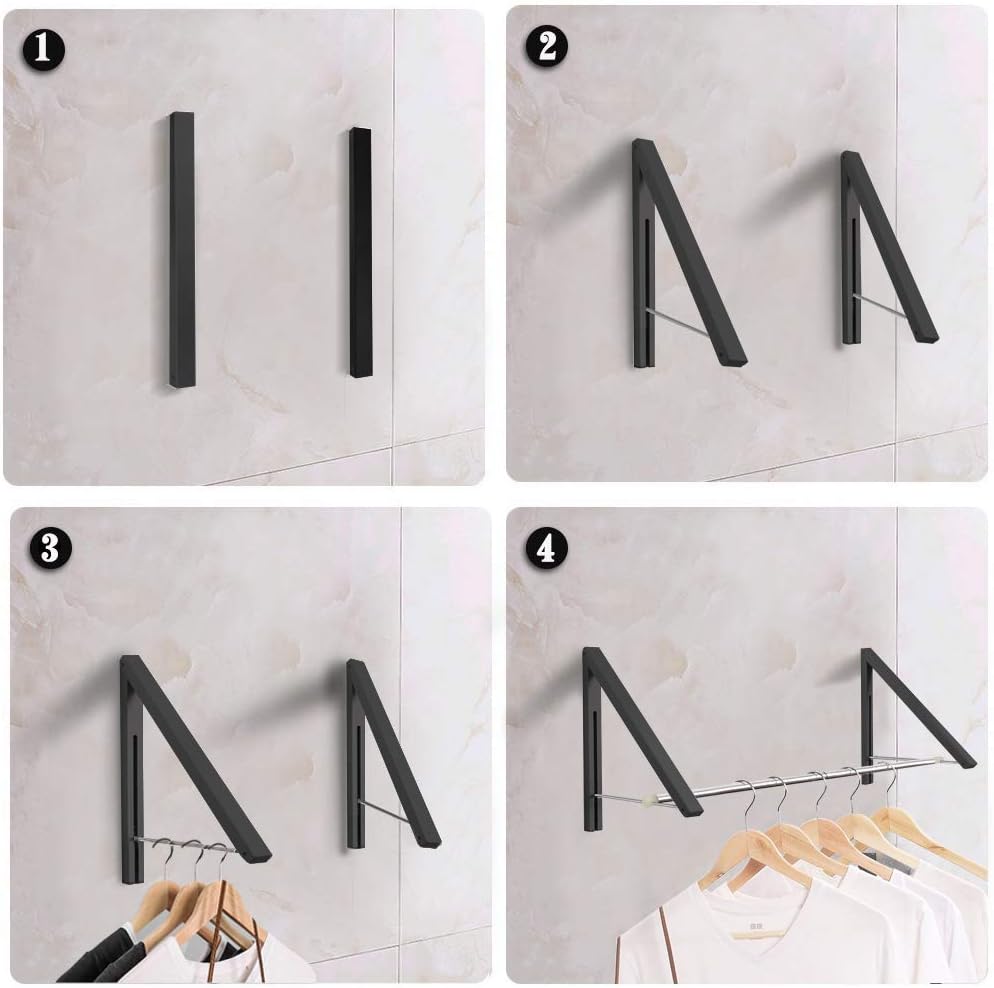 Laundry Room Drying Rack Wall Mounted Clothes Hanger Folding Wall Coat Racks Aluminum Home Storage Organiser Space Savers White 2 Rakcs with Rod