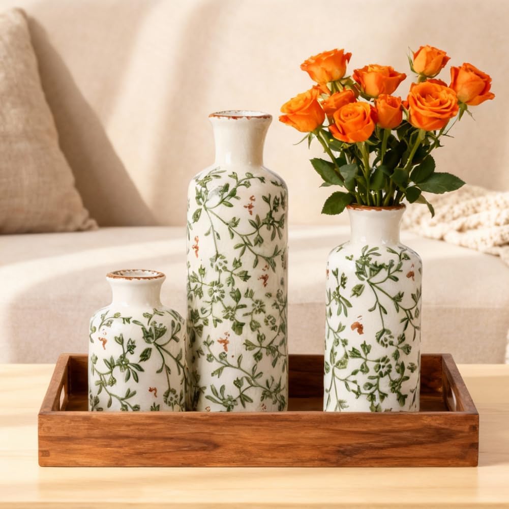 Ceramic Vase Set of 3 – Small Flower Vases, Modern Farmhouse Boho Flower Vases for Home Decor, Rustic Pottery Vases for Centerpieces, Living Room, Shelf, Fireplace, Entryway Decor, Table or Cabinet