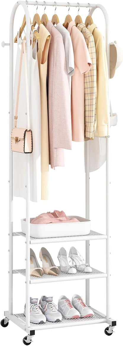 Kaitiemoo Heavy Duty Clothing Rack with Wheels,Modern Garment Rack with 3 Metal Shelves, 71.8Inches Display Rack for Hanging Clothes, Hanging Rod for Small Spaces,White