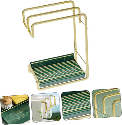 Cabilock Kitchen Wall Mounted Iron Draining Rack with Triple Rods for Dish Cloth and Sponge Storage Space Saving Tableware Drying Organizer in Gold Practical Kitchen Cleaning Tool Holder