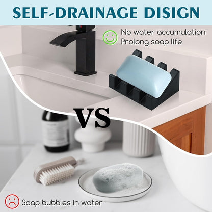 Self Draining Silicone Soap Dish with Suction Cups - Non-Slip Bar Soap Holder for Shower & Kitchen, Waterfall Tray Keeps Soap Dry, Easy Clean, Extends Soap Life (White, 1)