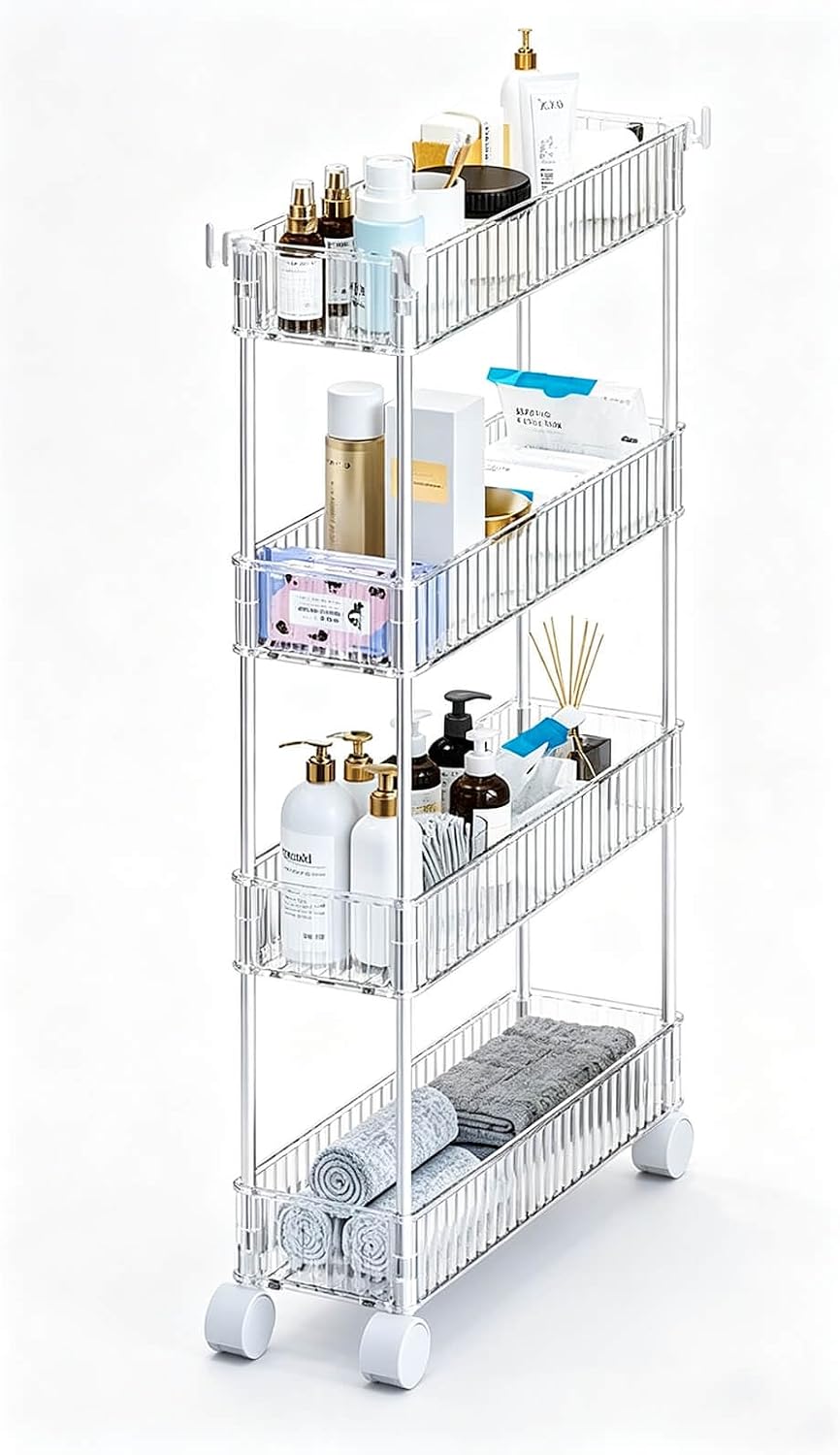 4-Tier Plastic Rolling Utility Cart with Wheels, Multifunctional Storage Organizer Cart for Home, Office, Kitchen & Bathroom, Ultra Narrow & Clear, 4.7”W * 12.8”L * 33”H