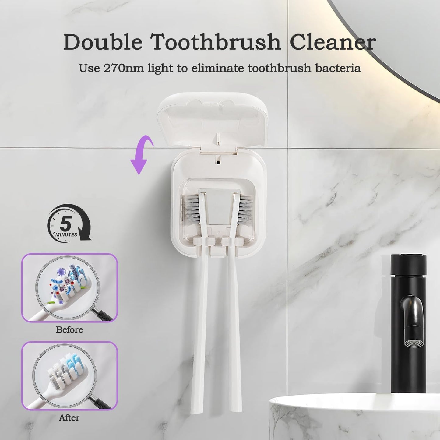 UV-C Toothbrush Sanitizer Case, Dual Light Cleaner Cover with Clear Window, USB-C Rechargeable Travel Holder for Electric and Manual Brushes, White