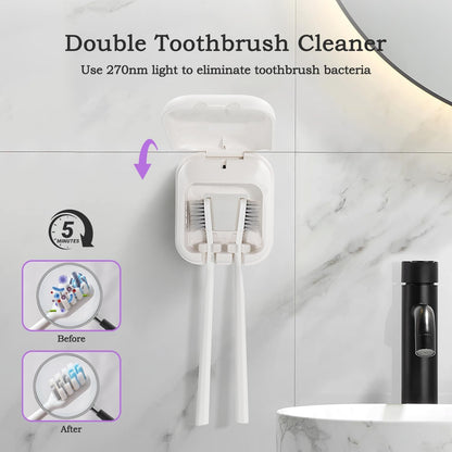 UV-C Toothbrush Sanitizer Case, Dual Light Cleaner Cover with Clear Window, USB-C Rechargeable Travel Holder for Electric and Manual Brushes, White