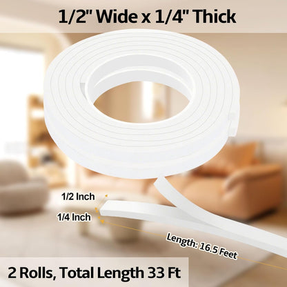Foam Weather Stripping Door Seal,1 Inch W x 1/17 Inch T x 33 Feet White Window Sealing Tape，Single-Sided Self-Adhesive Insulation Sealing Strip