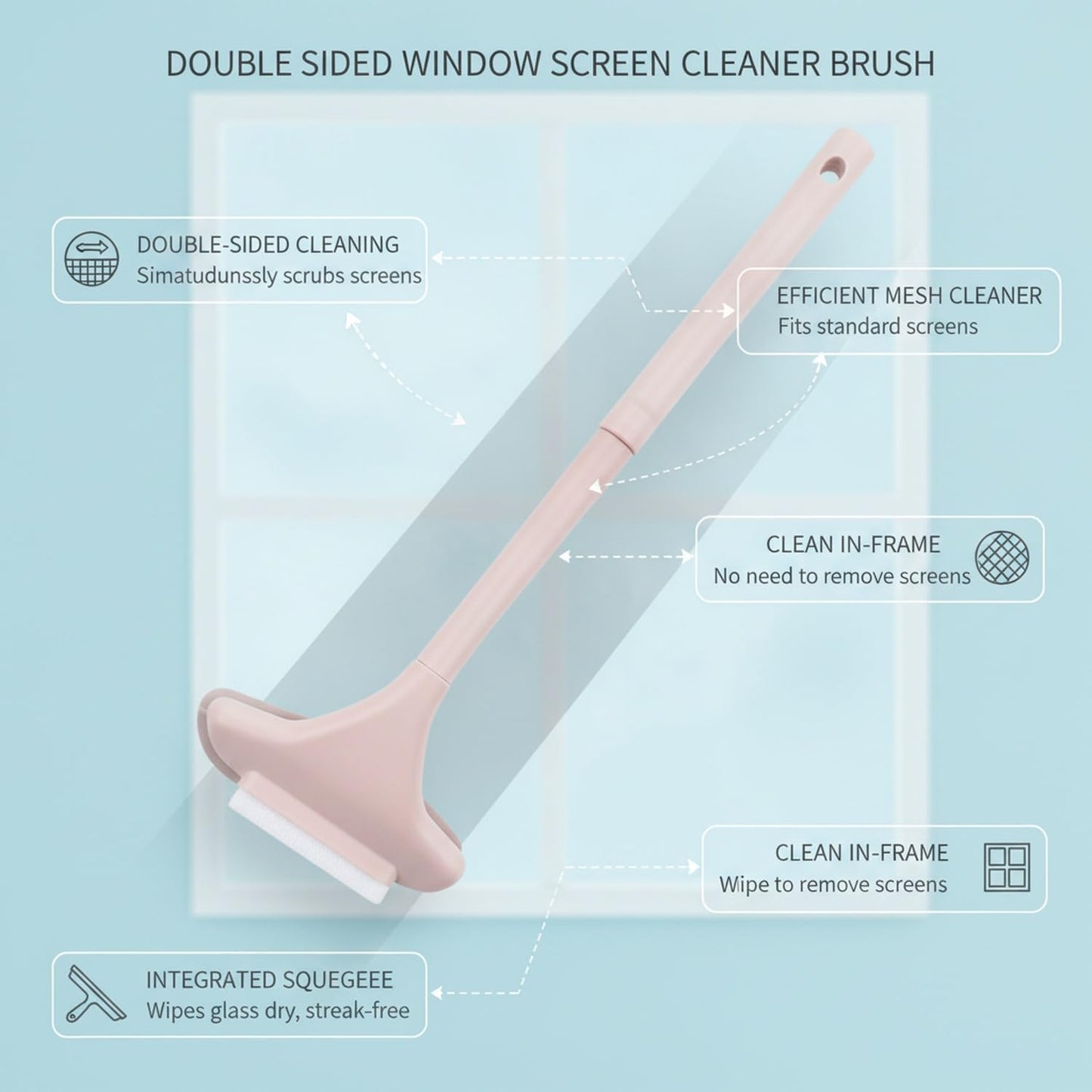 Double Sided Window Screen Cleaner Brush with Integrated Squeegee for Glass, PP Plastic Cleaning Tool, 13 x 3.3 x 1.6 Inches (1 PC)