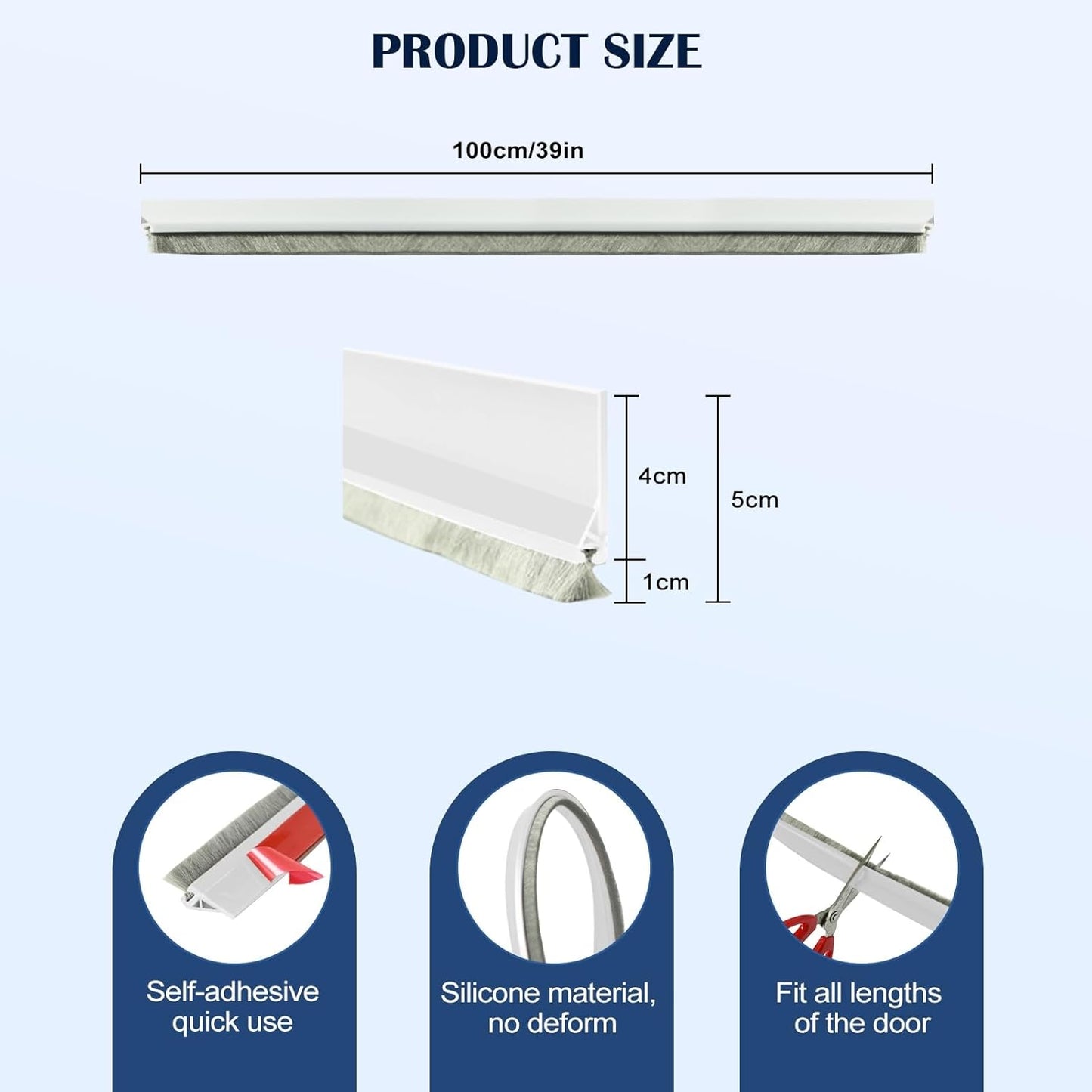 Door Sweep for Bottom of Door, 39.2" L Integrated Design with Brush, Self Adhesive Under Door Draft Stopper for Bottom of Door, Door Seal Dust/Noise/Hot or Cold Air Insulation, White 2" W