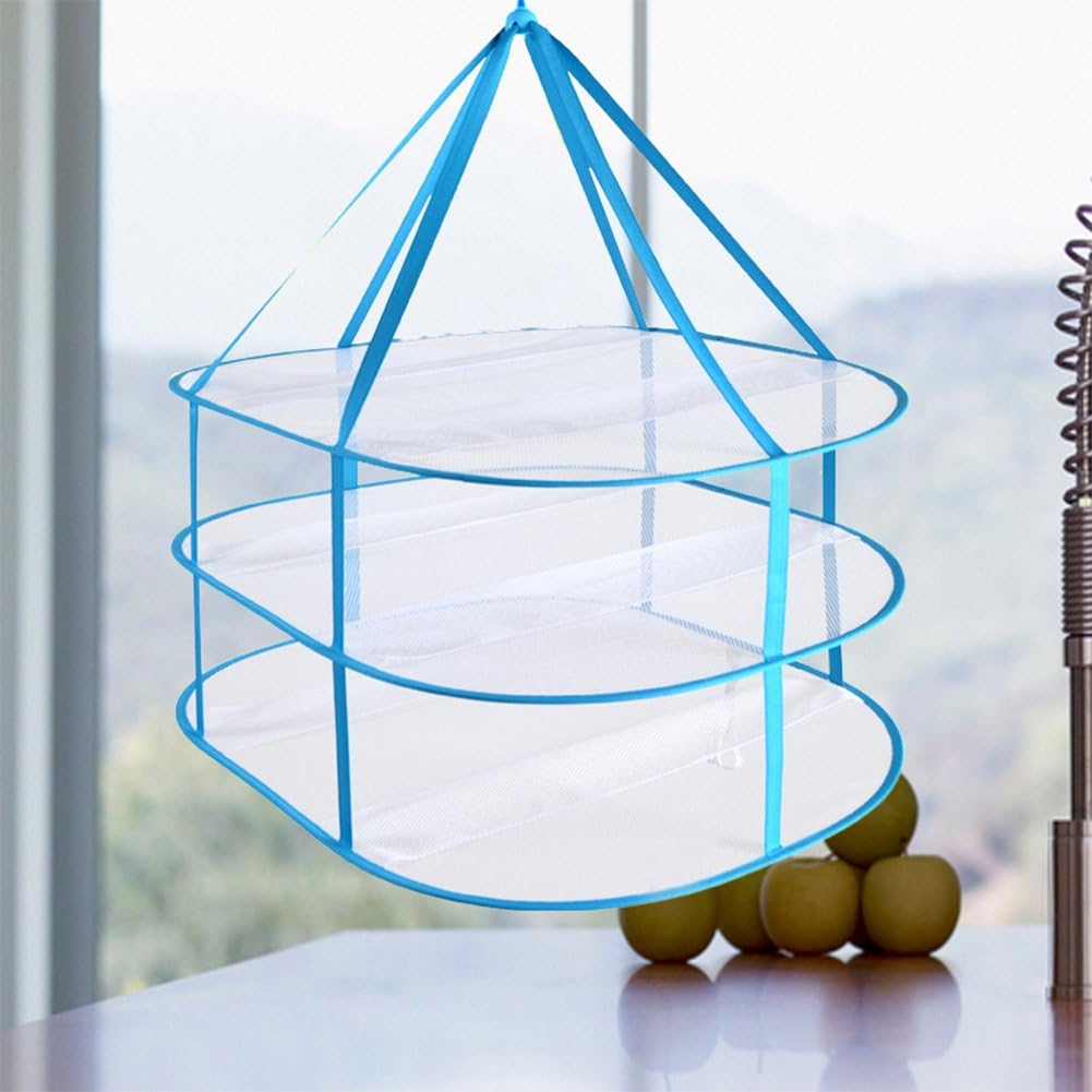 3 Tiers Folding Drying Rack, Mesh Clothes Hanging Dryer, Portable Hanging Laundry Rack with Fixing Band, Lay Flat to Dry Mesh Clothes Hanger for T-Shirt,Swimsuit,Sweater,Delicates