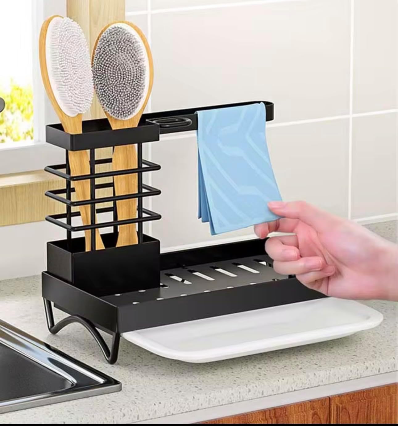 Premium Kitchen Sink Caddy Organizer – Rustproof Stainless Steel Sponge Holder with Drain Tray, Dish Brush Holder, Countertop Organizer with Towel Bar & Utensil Rack (Black)