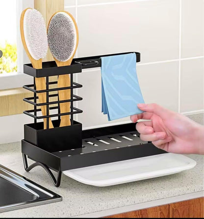 Premium Kitchen Sink Caddy Organizer – Rustproof Stainless Steel Sponge Holder with Drain Tray, Dish Brush Holder, Countertop Organizer with Towel Bar & Utensil Rack (Black)