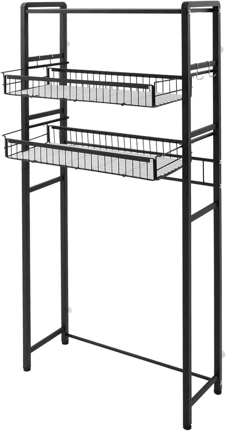 mignonnememe Over Washer and Dryer Shelves 3 Tier Shelving Laundry Room Storage Organization Clothes Drying Rack with 4 Hooks for Laundry Room Toilet (Black)