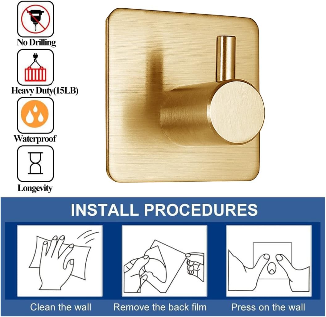Fotosnow Adhesive Towel Hooks 15lbs Heavy Duty Wall Hooks Waterproof Stainless Steel Hanger for Hanging Coat, Hat, Towel Robe Hook Rack Wall Mount- Bathroom and Bedroom 4-Packs
