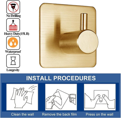Fotosnow Adhesive Towel Hooks 15lbs Heavy Duty Wall Hooks Waterproof Stainless Steel Hanger for Hanging Coat, Hat, Towel Robe Hook Rack Wall Mount- Bathroom and Bedroom 4-Packs