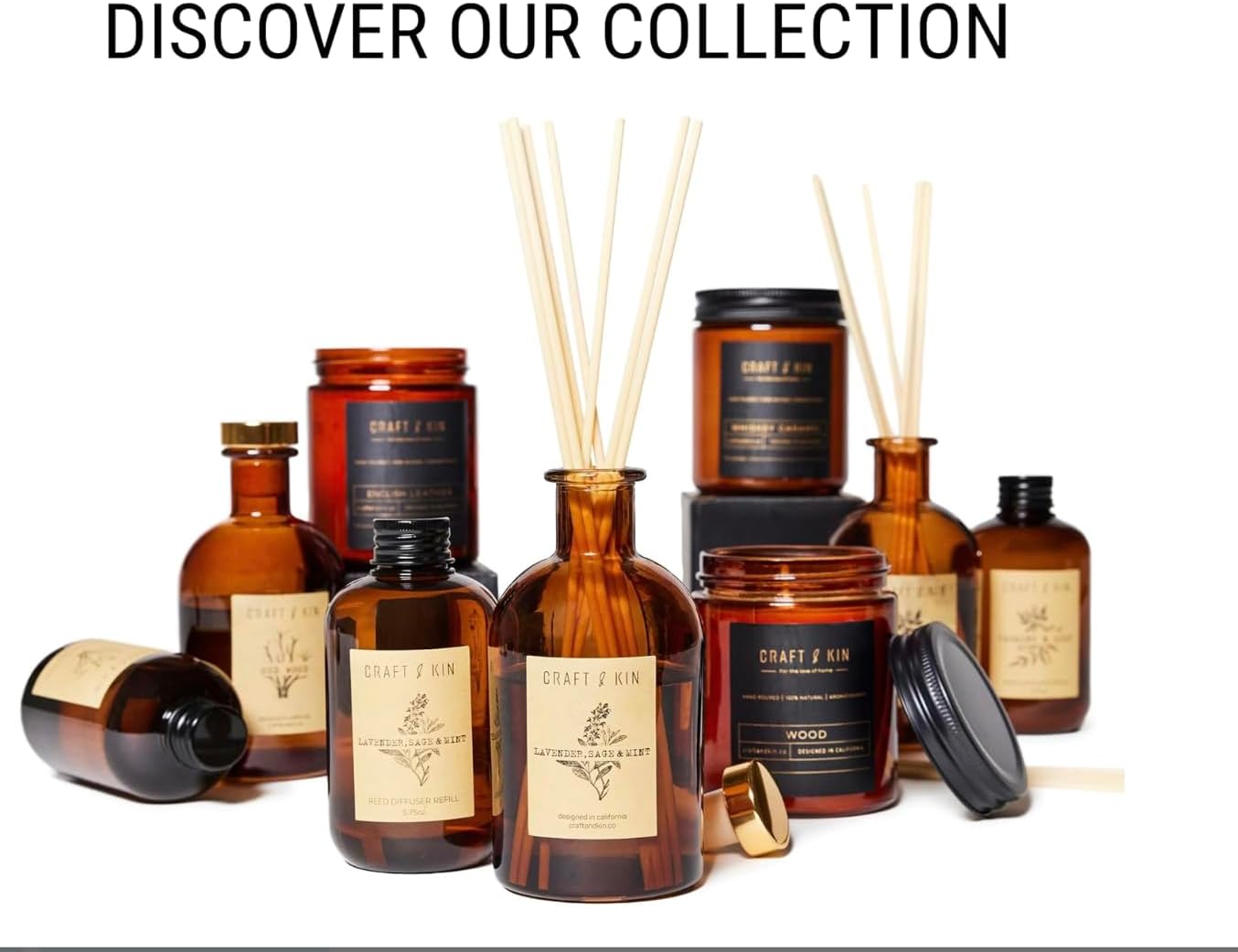 Craft & Kin Lily & Jasmine Diffuser Reed Diffuser | All Natural Essential Oil & 8 Rattan Scent Sticks | Reed Diffusers for Home, Bathroom | Long Lasting Home Fragrance in Amber Glass, 5.75oz