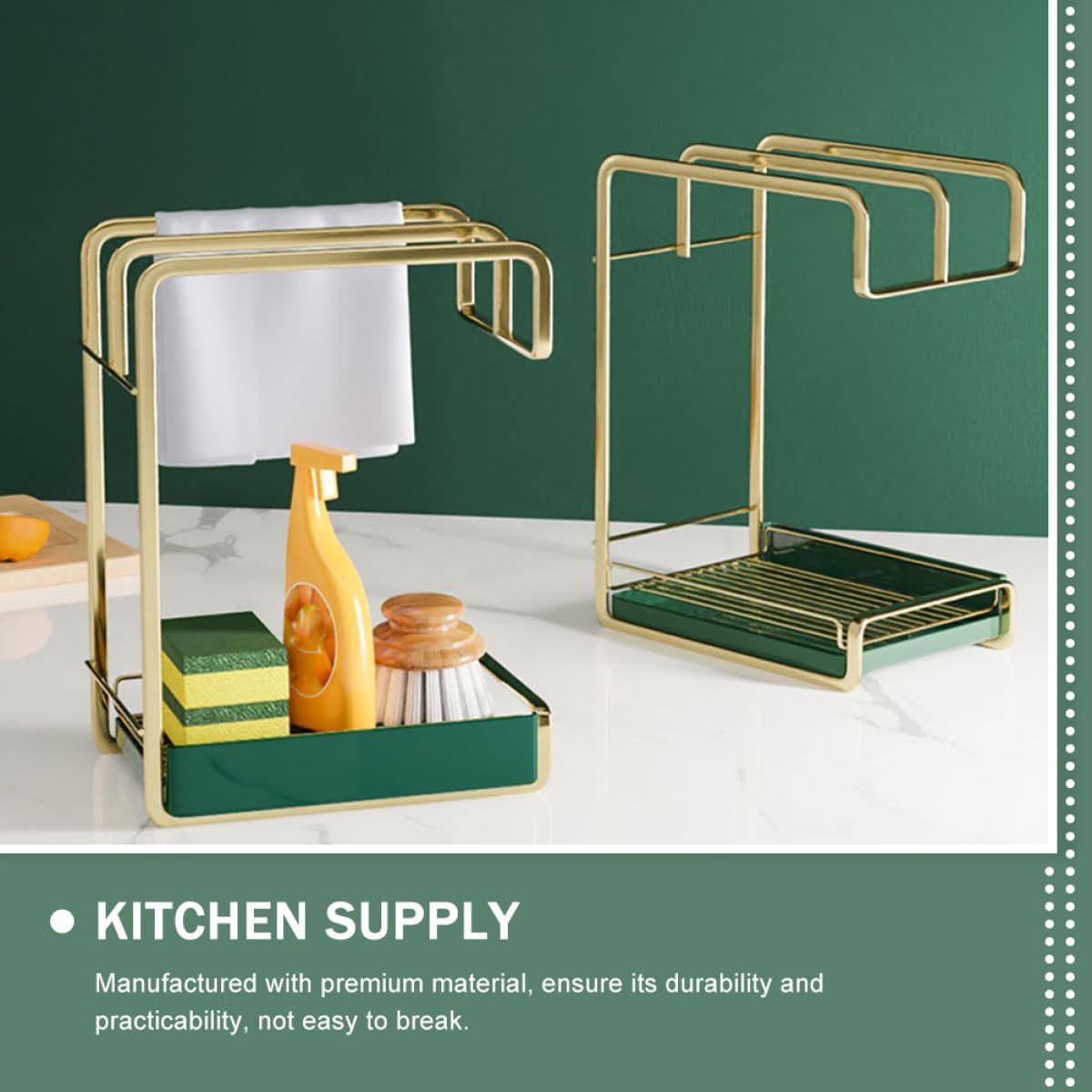 OSALADI Kitchen Wall Hanging Drying Storage Rack with Water Tray Lightweight Drain Stand for Duster Cloths Space-saving Elegant Kitchen Utensil Holder Gold Finish