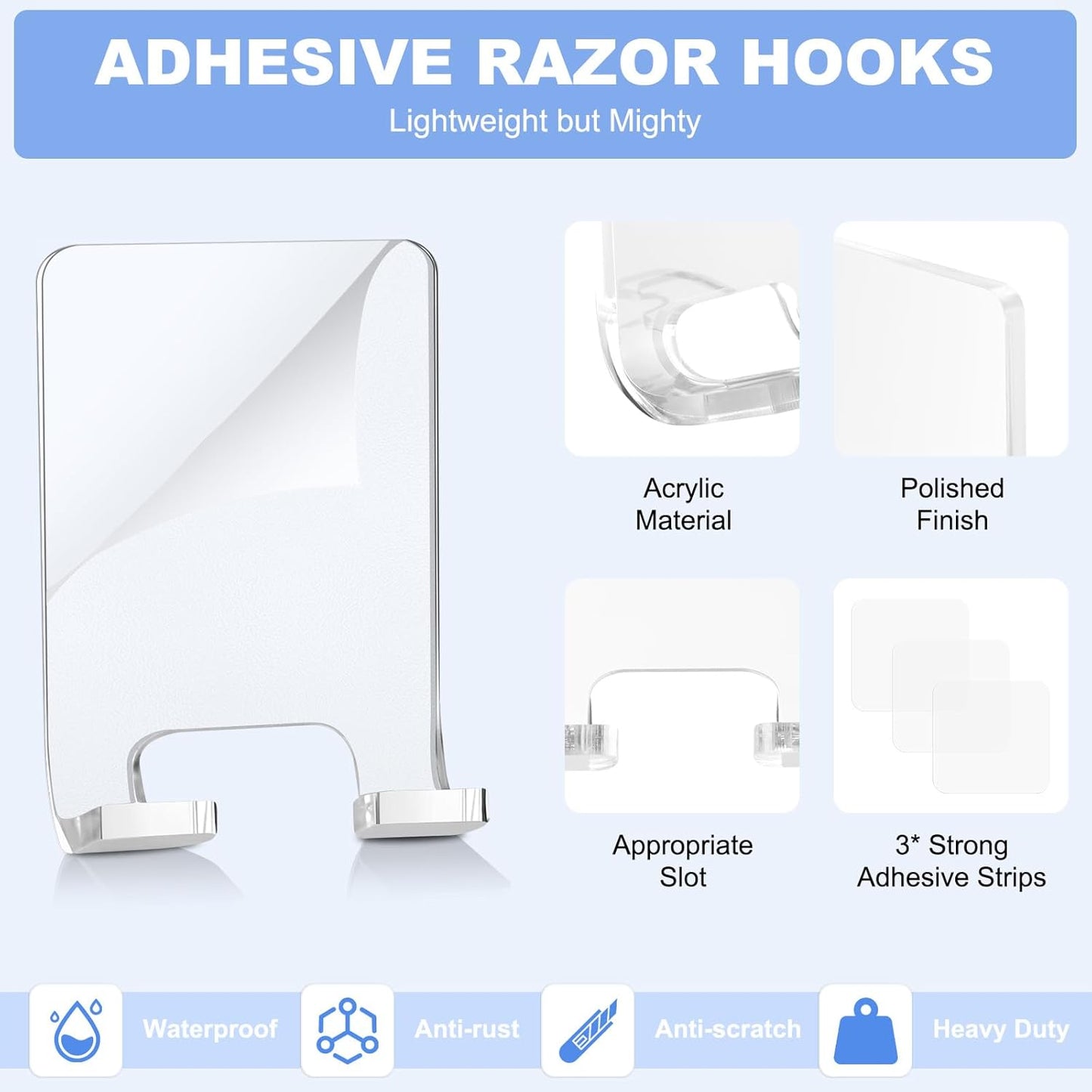 VIS'V Adhesive Razor Holder, Wall Mount Shower Razor Hooks for His and Hers, Metal, Waterproof, White, 2 Pcs