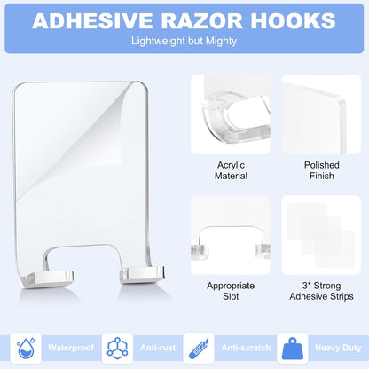 VIS'V Adhesive Razor Holder, Wall Mount Shower Razor Hooks for His and Hers, Metal, Waterproof, White, 2 Pcs