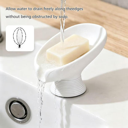 Self Draining Soap Dish with Suction Cup, Leaf Shaped Resin Soap Holder for Bathroom, Shower, Sink & Kitchen (Beige)