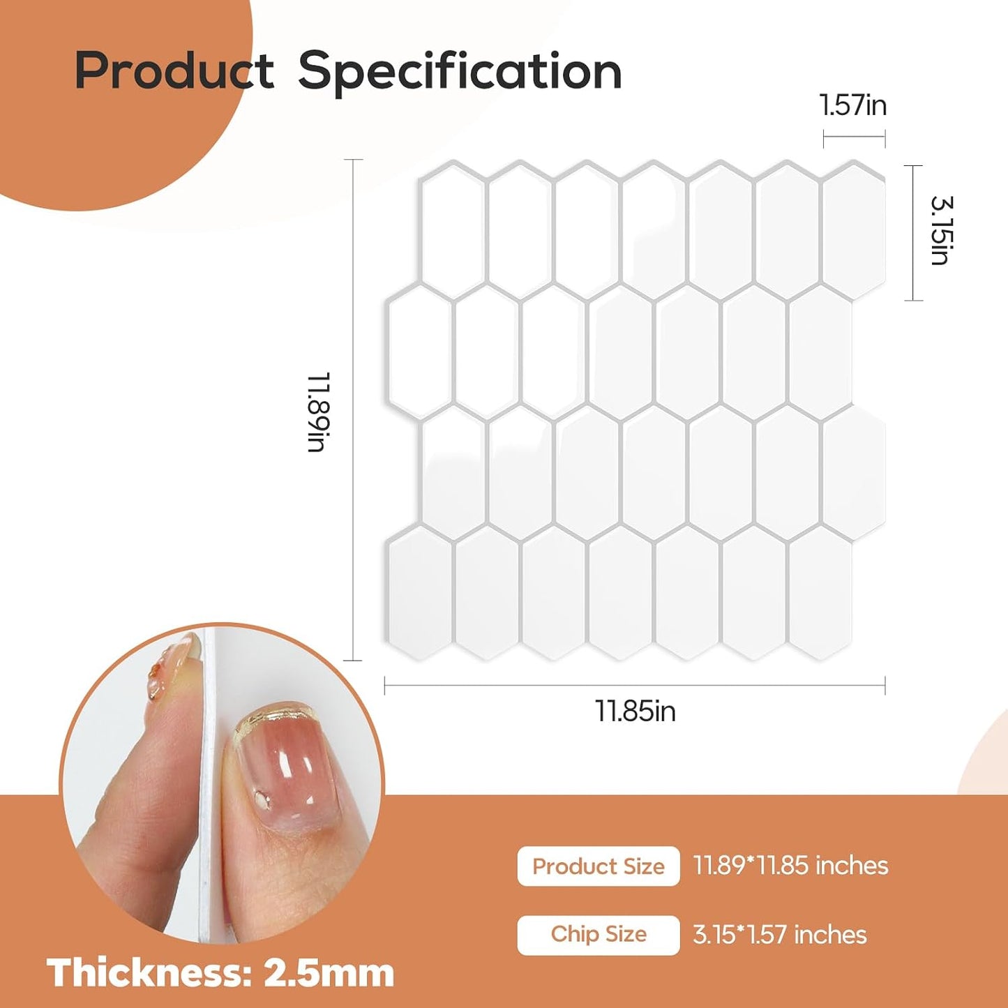 Vamos Tile Upgraded Thicker Design Peel and Stick Backsplash Tile, 10-Sheet Pure White with Gray Grout Long Hexagon Self Adhesive Wall Tiles Stick On Backsplash for Kitchen Bathroom RV Fireplace