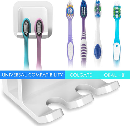 2 PCS Self-Adhesive Toothbrush Holders Wall Mounted, Water Proof Toothbrush Hook, 3 in 1 with Toothbrush Hanger Toothpaste Holder and Gargle Cup Holder for Bathroom Shower (White)