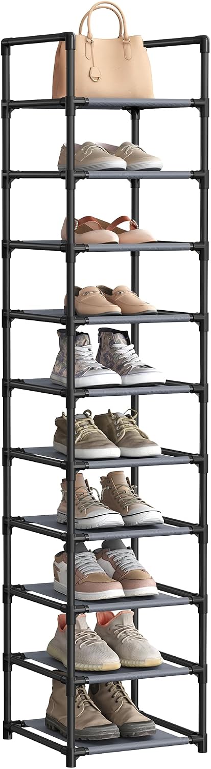 SONGMICS Shoe Rack, 10-Tier Shoe Shelf, Shoe Storage Organizer, 11 x 17.7 x 68 Inches, Metal Frame, Non-Woven Fabric Shelves, for Entryway, Bedroom, Black ULSH010B02