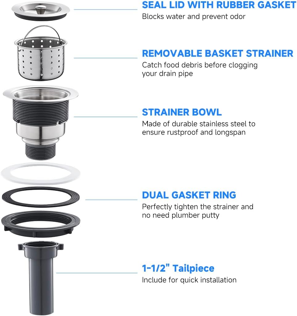 POPFLY 3-1/2 Inch Sink Drain Assembly Brushed 304 Stainless Steel Removable Deep Strainer Basket, Rust-Proof & Easy Install with Sealing Lid＆Tailpiece, for Home/Bathroom/Commercial Sinks