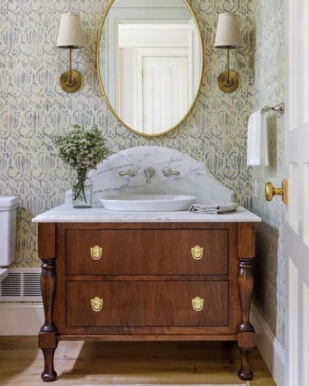 Pathson Set of 2 Vintage Wall Sconces Linen Fabric Shade, Hardwired Bathroom Vanity Lights Brass Finish, Industrial Wall Mounted Fixtures for Bedroom Living Room (Antique Brass)