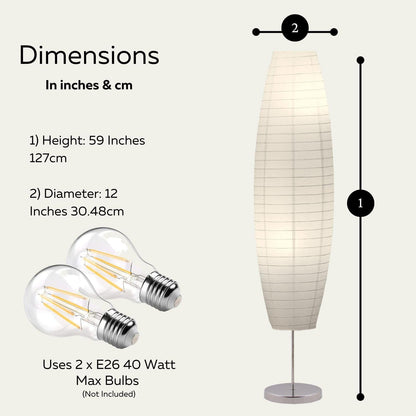 LIGHTACCENTS 50” Rice Paper Standing Lamp – Modern Japanese Floor Lamp with Chrome Base, White Shade, Foot Pedal Switch – Floor Lamps for Living Room, Bedroom, or Meditation Space
