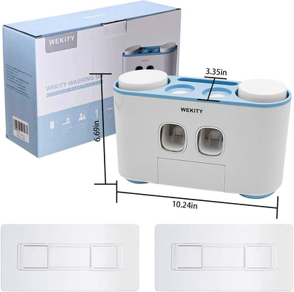 Toothbrush Holder Wall Mounted, WEKITY Multi-Functional Toothbrush and Toothpaste Dispenser for Bathroom, with 5 Toothbrush Slots, 2 Toothpaste Squeezers and 4 Cups(Grey)