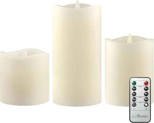 Stonebriar 3 Pack White Real Wax Assorted Size Flameless LED Pillar Candles with Remote and Timer