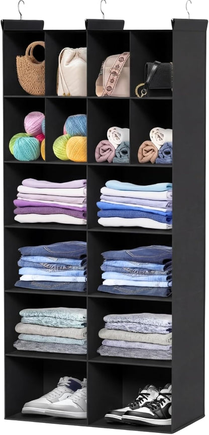 Ofiray-home 6 Tier Hanging Closet Organizer, 16 Compartments Sweater Organizer for Closet with 3 Sturdy Hooks, Closet Organizers and Storage, Wardrobe, Rv, Garment Rack, Grey