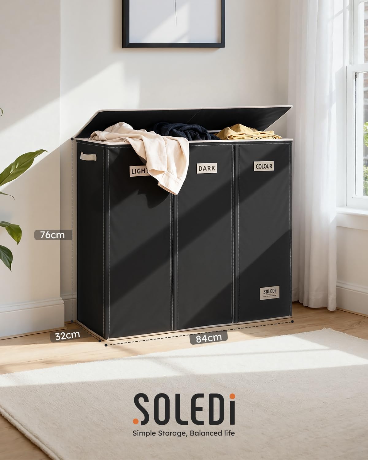 SOLEDI 180L Laundry Hamper 3 Section, Extra Large Laundry Hamper with Lid, Dirty Clothes Hamper with Sturdy Handle, Large Laundry Basket Organizer for Laundry Room, Bedroom, Hampers for Laundry