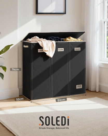 SOLEDI 180L Laundry Hamper 3 Section, Extra Large Laundry Hamper with Lid, Dirty Clothes Hamper with Sturdy Handle, Large Laundry Basket Organizer for Laundry Room, Bedroom, Hampers for Laundry