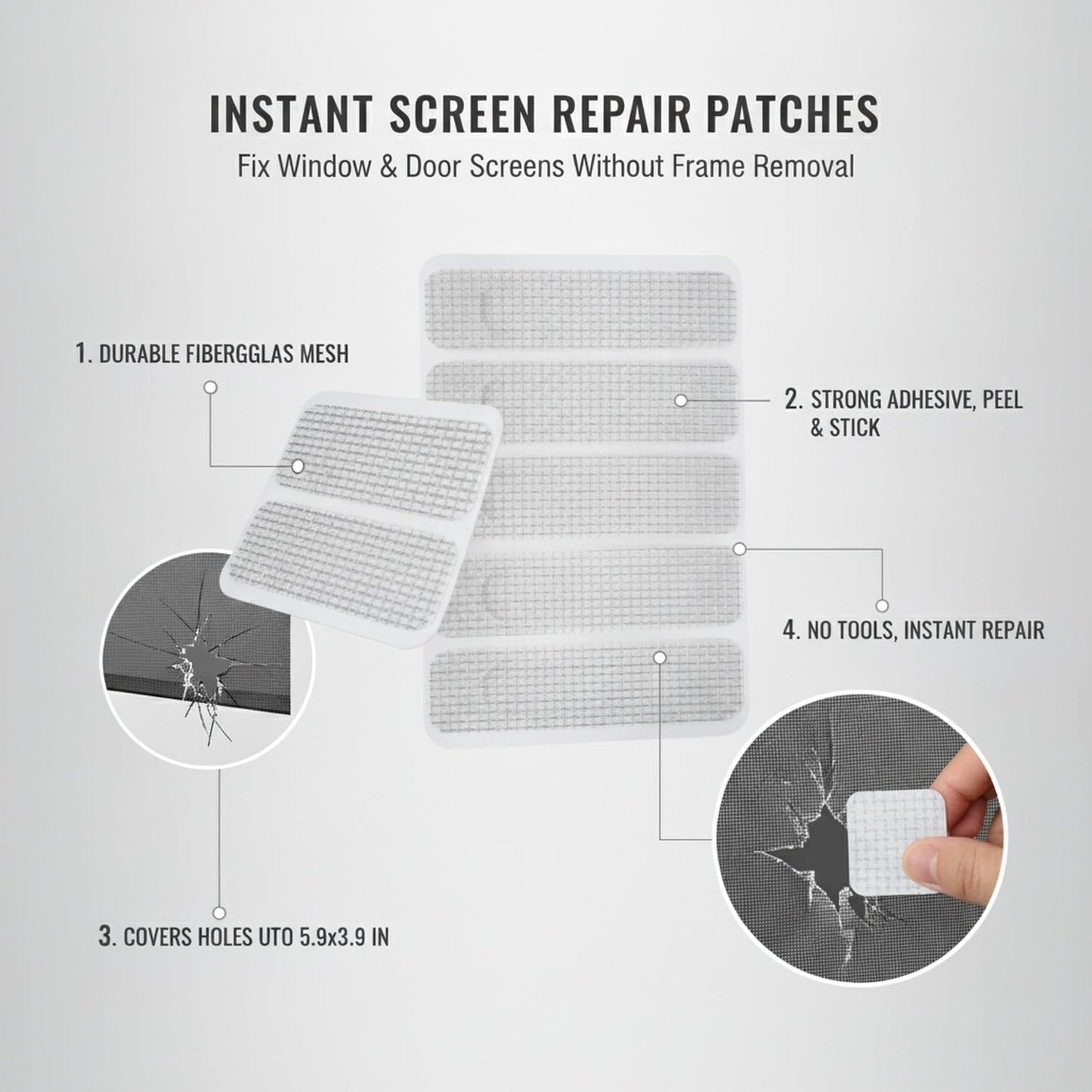 Self-Adhesive Fiberglass Screen Patch Kit for Windows and Doors, No Frame Removal Needed, Multicolor Mesh Repair